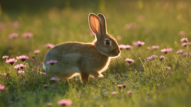 A small brown rabbit stands in a sun-drenched meadow filled with delicate pink wildflowers and lush green grass.