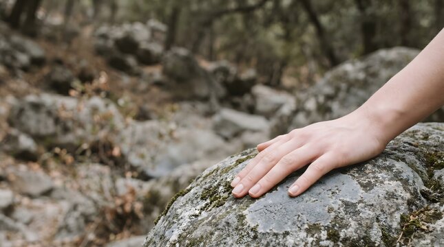 Hand on mossy grey rock along forest trail, quiet woodland hike