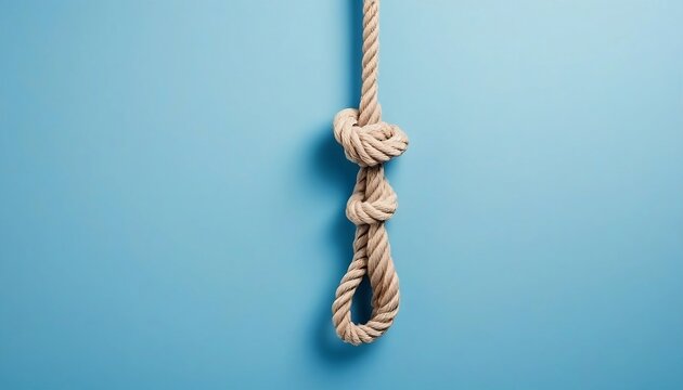 Rope with knot, rope noose for hangman, hangman knots on blue background with copy space for text, created with generative ai