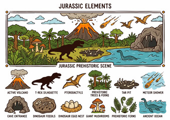 Jurassic Prehistoric Scene Educational Poster with Dinosaur Species © Budenk FX