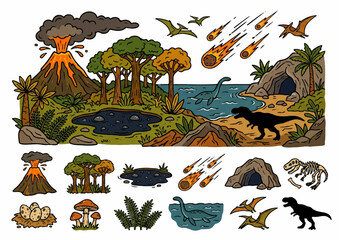 Jurassic Prehistoric Landscape Elements Collection with Dinosaurs and Volcano © Budenk FX