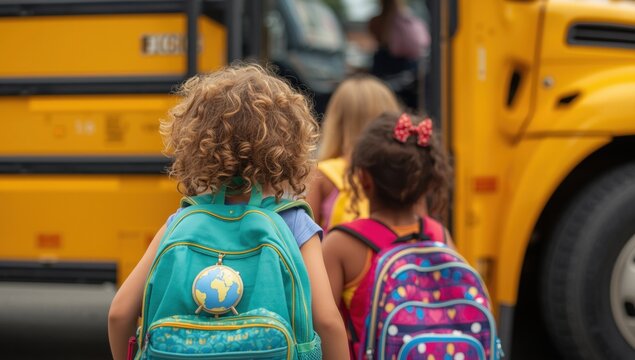 Rear view of young children with colorful backpacks walking towards a yellow school bus on a cloudy morning day