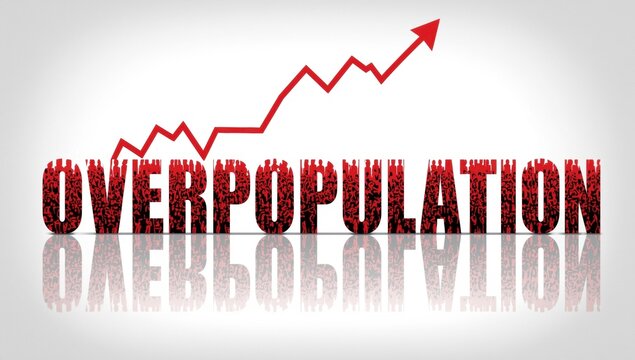 Red overpopulation text with rising statistical arrow graph and reflection on a light grey background concept