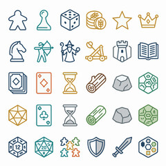 Naklejka premium Collection of icons representing strategy and tabletop game elements, including player pieces, dice, cards, and medieval imagery, displayed in a grid on a white background