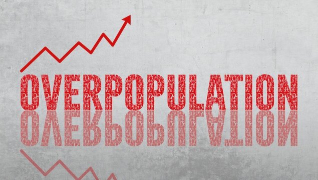 Red text overpopulation with an upward trending arrow graph symbolizing global population growth and demographic crisis