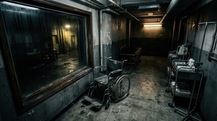 Abandoned Hospital Hallway With Wheelchair And Medical Equipment View