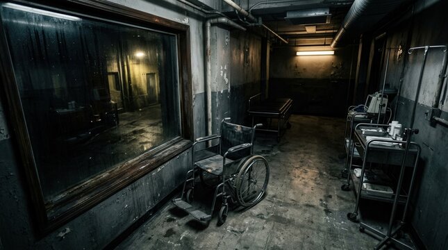 Abandoned Hospital Hallway With Wheelchair And Medical Equipment View