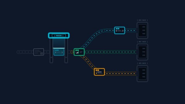 Animated network router distributing data packets to multiple servers.