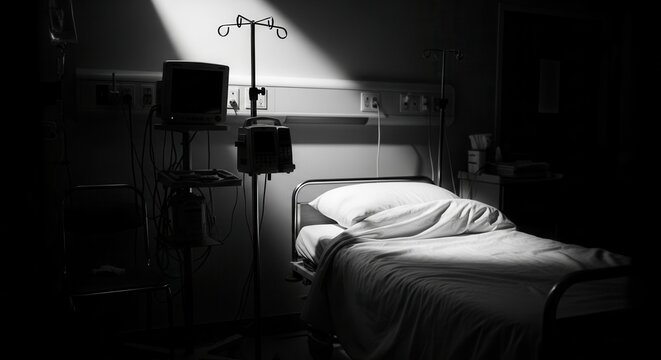 A Stark and Moody Hospital Room With an Occupied Bed Under Dramatic Lighting