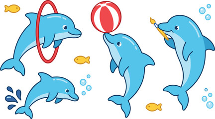 Obraz premium Cute Cartoon Dolphin Set with Ring Jump, Beach Ball, Paintbrush, and Splashing Poses for Kids Ocean and Aquarium Designs
