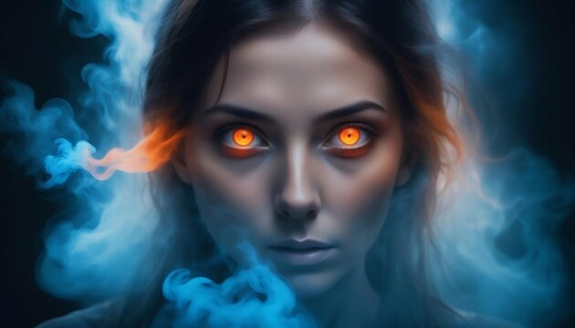  Woman's face with glowing orange eyes surrounded by ethereal blue smoke, creating intense and mystical aura. Concept of supernatural powers, mystery and fantasy, capturing ,created with generative ai