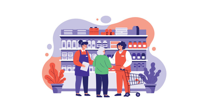 Senior woman receives helpful guidance from two friendly grocery store employees while shopping in an aisle stocked with various food items.