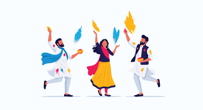 Group of joyful people in traditional Indian attire celebrates the vibrant Holi festival by throwing colorful powders and dancing together.