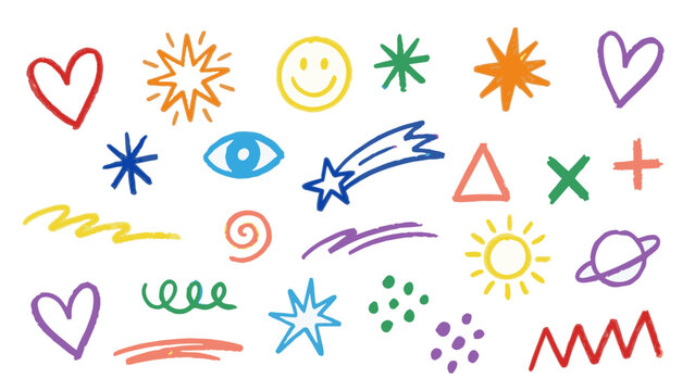 Colorful charcoal doodle elements (shapes, hearts, stars, planets, etc) VECTOR FILE