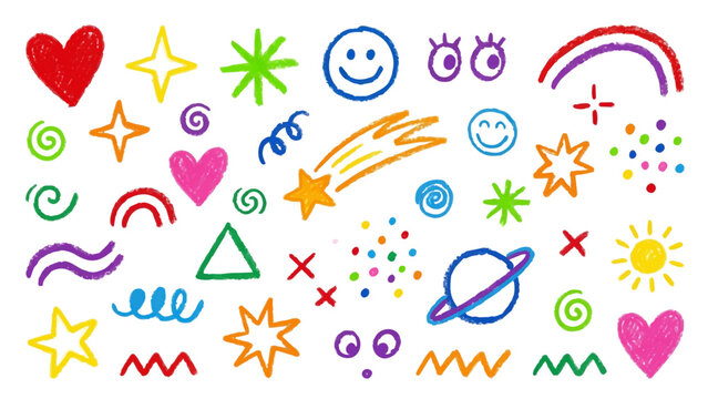 Colorful charcoal doodle elements (shapes, hearts, stars, planets, etc) VECTOR FILE