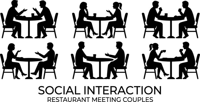 People sitting at cafe tables silhouette vector illustration, social interaction, conversation scenes, restaurant meeting couples isolated on white background