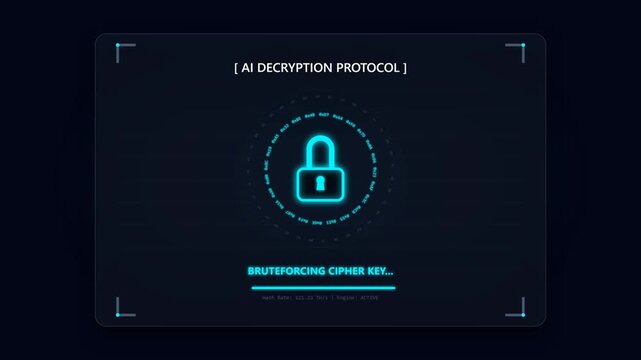 Futuristic AI Decryption Protocol Interface Showing Padlock Unlocking Sequence.