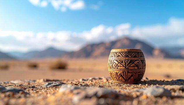 Ancient Desert Pot with Intricate Patterns in a Vast Arid Landscape.