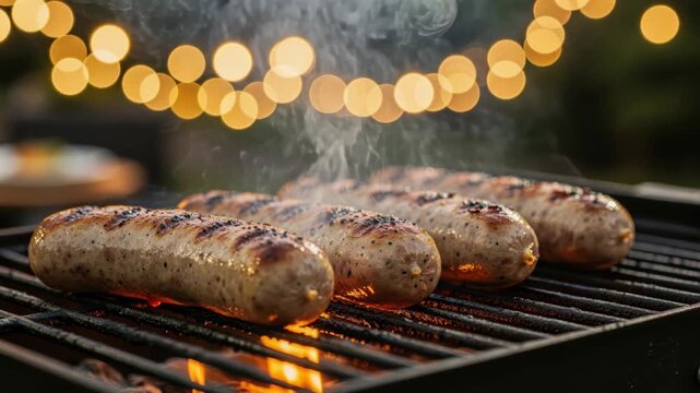 Sizzling Sausages on Barbecue: A close-up shot captures the mouthwatering scene of plump sausages grilling over open flames, with bokeh lights in the background creating a festive atmosphere.