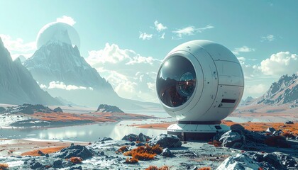 Fototapeta premium Futuristic Space Station on an Alien Planet with Mountains.