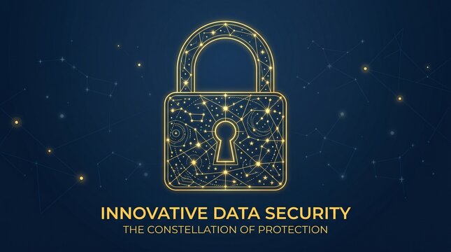 Minimalist 2D vector flat illustration of a padlock made of star constellations for data security concept.