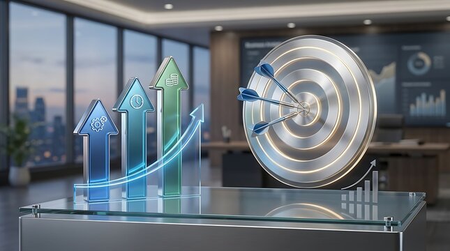 Business success and financial growth concept with rising arrows and darts hitting center of target on modern corporate office desk