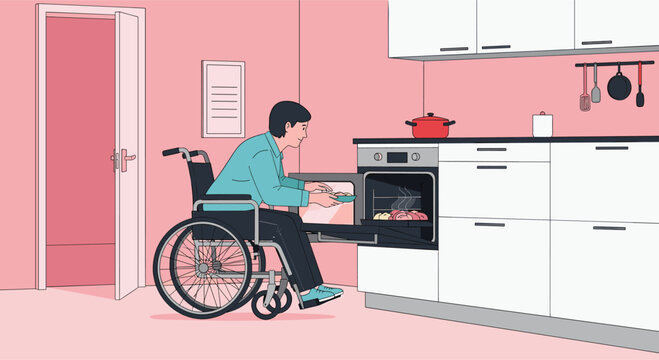 Person using wheelchair independently preparing food in accessible kitchen by taking a tray out of the oven for healthy home meal preparation.