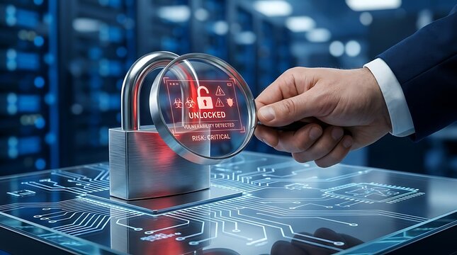 IT security auditor using a magnifying glass to detect critical vulnerabilities and unlocked digital padlocks on a high tech circuit board