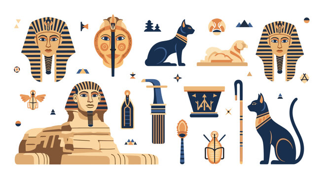 Ancient Egyptian cultural symbols and artifacts including sphinx pharaoh masks cats and decorative icons for historical education and art.