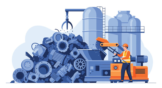 Industrial recycling center worker operating machinery near a large pile of scrap metal parts and storage tanks for resources.