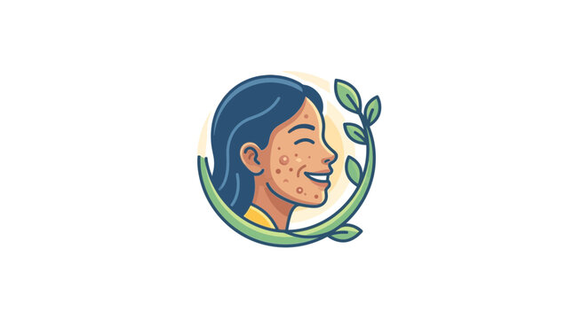 Illustration of a smiling woman with skin blemishes framed by green leaves.