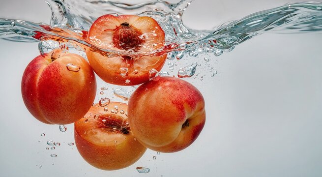 Fresh ripe nectarines falling into clear water with dynamic splashes and air bubbles creating a refreshing and healthy summer fruit concept on a clean light gray background for food photography