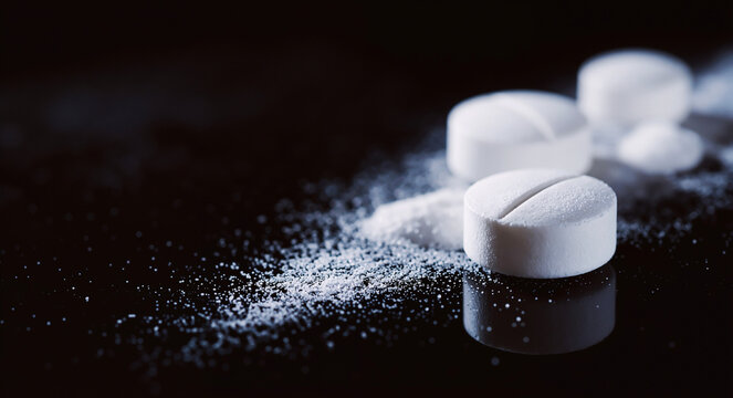 Macro close-up shot of white pharmaceutical tablets and crushed medical powder on a dark reflective surface, symbolizing healthcare, pain management, and the pharmaceutical industry concept.