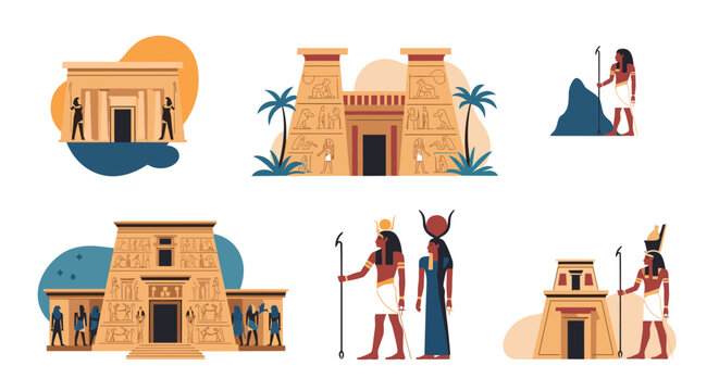 Set of ancient Egyptian cultural scenes featuring architectural temple entrances, pharaohs, deities, and palm trees.