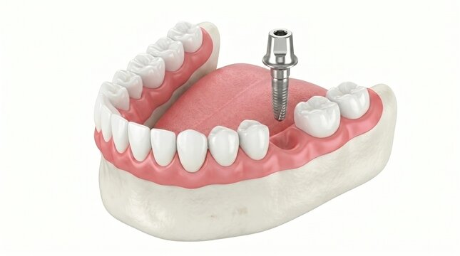 3D mandibular dental implant, human jaw anatomy with metal implant and healthy teeth on a white background