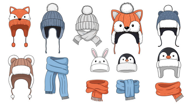 Set of cute winter headwear and accessories including fox, bear, penguin, and rabbit hats with matching knitted scarves for children.