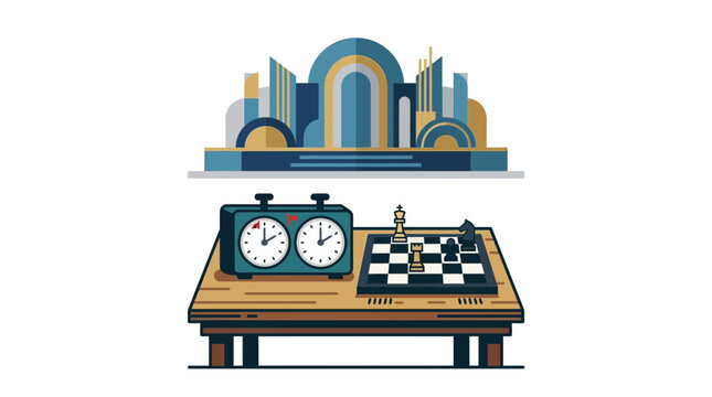 A wooden table featuring a chess board with pieces and a mechanical chess clock.