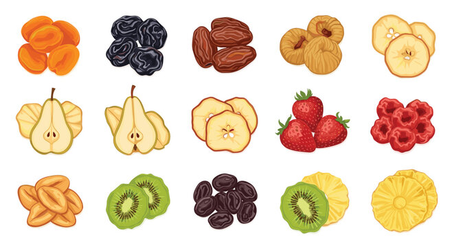 Variety of dried fruits and berries including raspberries, figs, dates, apricots, kiwi, and pineapple slices for healthy snacking.