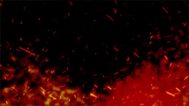 Fiery sparks rise against a dark background. Bright embers dance, glowing intensely. Red streaks fly upward, trailing heat and light. The fire's energy pulses with raw power