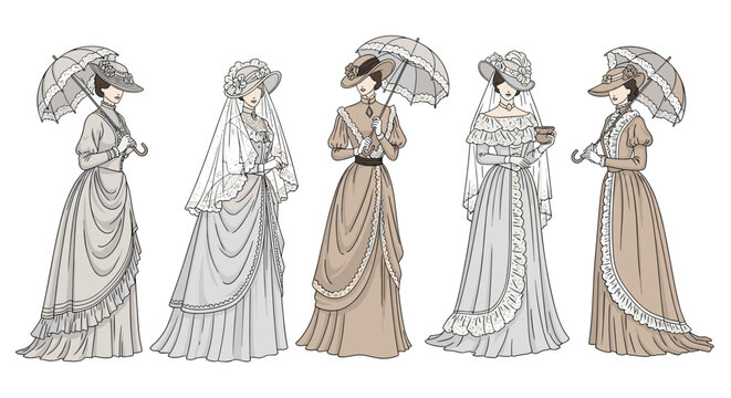 Five women illustrating elegant Victorian style clothing with detailed dresses, lace hats, and classic parasols for a vintage look.