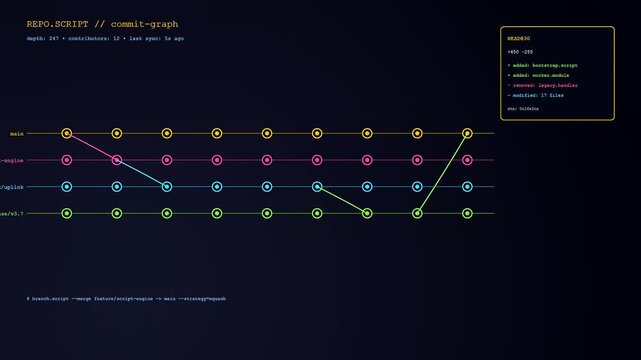 Digital infrastructure code scripting visualization displays colorful nodes and connected circular symbols moving across a dark screen interface as part of a complex software development process