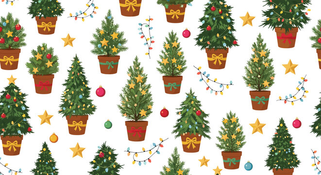 Cheerful seamless pattern of various decorated Christmas trees in pots with golden stars and colorful string lights on a white background.