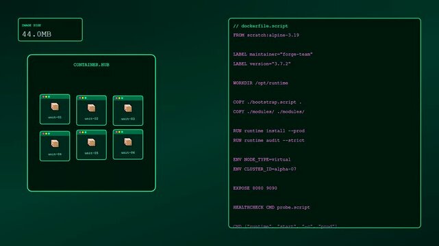 Infrastructure code scripting displayed as a sequence of software development cycles showing digital file growth and command line syntax inside a dark green monitor interface