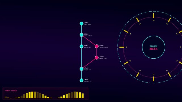 Infrastructure code scripting displays on a dark interface as branches form within glowing circular diagrams while sound frequency bars pulse rhythmically at the bottom screen