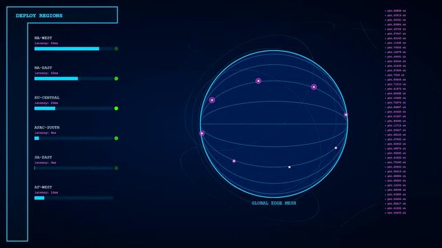 Digital infrastructure code scripting flows across a dark monitor interface showing global server connection metrics and network latency data in a virtual cyber dashboard design scene