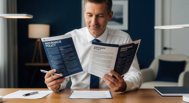 Businessman Reviewing Insurance Policies Carefully While Working At His Office Desk