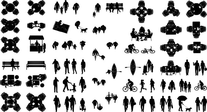 Top view of architectural people vector silhouettes for landscape and architectural designs, white background

