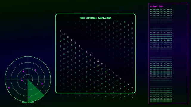 Digital infrastructure code scripting flows across three glowing computer interface panels displaying hexadecimal data feeds and radar surveillance metrics in a dark virtual neon environment