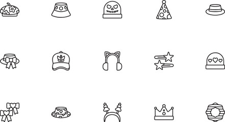 Winter Headwear and Knit Hats Line Art Icon Set Featuring Beanies, Ear Muffs, and Reindeer Antlers for Cold Weather Apparel © Mr. Akash