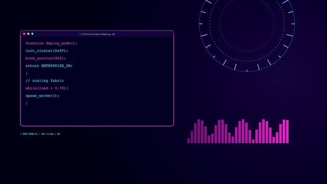 Digital infrastructure code scripting flows across virtual windows with glowing neon data graphs pulsing in a dark purple void of synthetic computer system network architecture